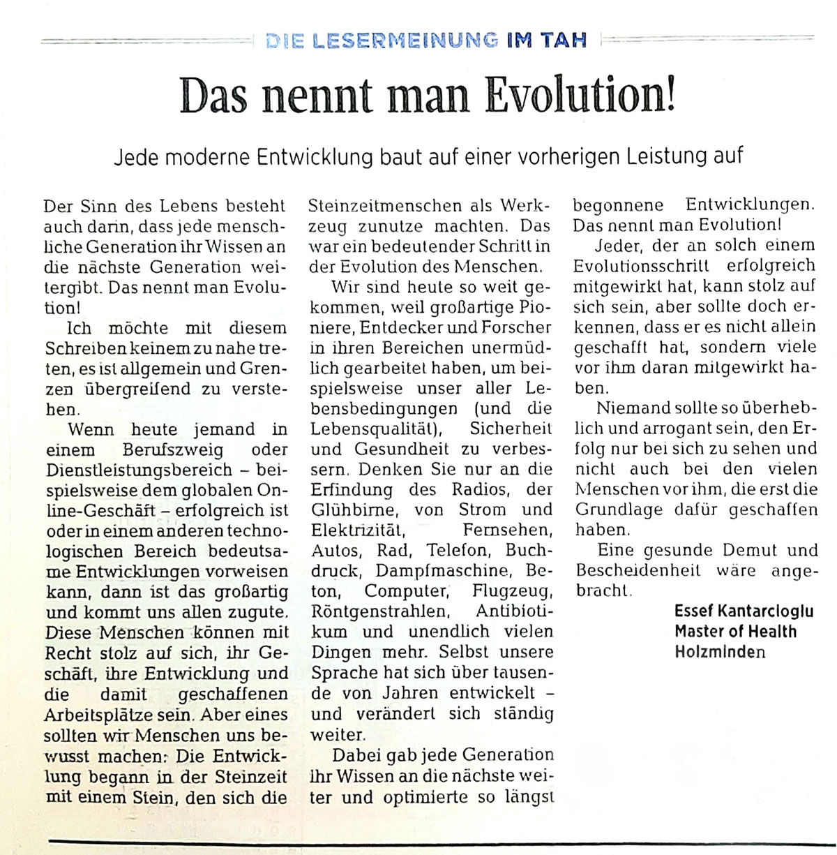 Leserbrief in TAH von 13.1.24 